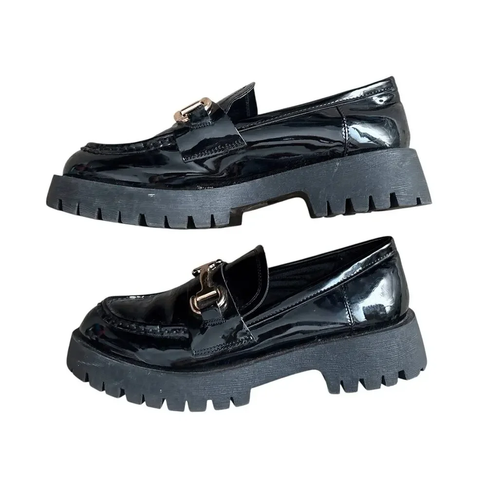 Bamboo Loafers Womens 7.5 Black Patent Horsebit Chunky Lug Platform Shoes